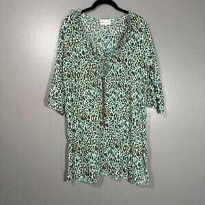 Mud Pie Bag Lady Turquoise Leopard Print 100% Linen Resort Dress - Size Small
